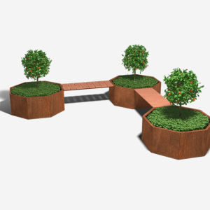 Cortenstaal plantenbak met bankje Achthoek Hoekopstelling 362.6x362.6 cm H=50 cm ZONDER bodemplaat