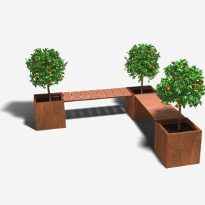 Cortenstaal plantenbak met bankje Vierkant Hoekopstelling 221.2x221.2 cm H=50 cm ZONDER bodemplaat