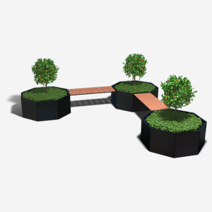 Gepoedercoat staal plantenbak met bankje Achthoek Hoekopstelling 362.6x362.6 cm H=50 cm - Wit (RAL9010) ZONDER bodemplaat