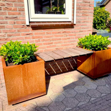 Cortenstaal plantenbak met Bankje Vierkant 221.2x50 cm H=50 cm ZONDER bodemplaat
