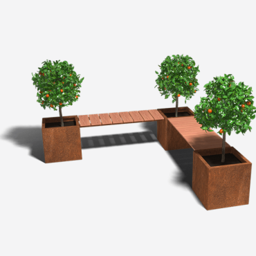 Cortenstaal plantenbak met bankje Vierkant Hoekopstelling 221.2x221.2 cm H=50 cm ZONDER bodemplaat