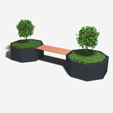 Gepoedercoat staal plantenbak met bankje Achthoek 362.6x120.7 cm H=50 cm - Zwart (RAL9005) ZONDER bodemplaat